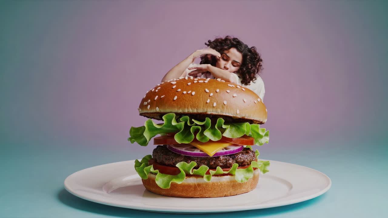 una chica durmiendo en una hamburguesa gigante.