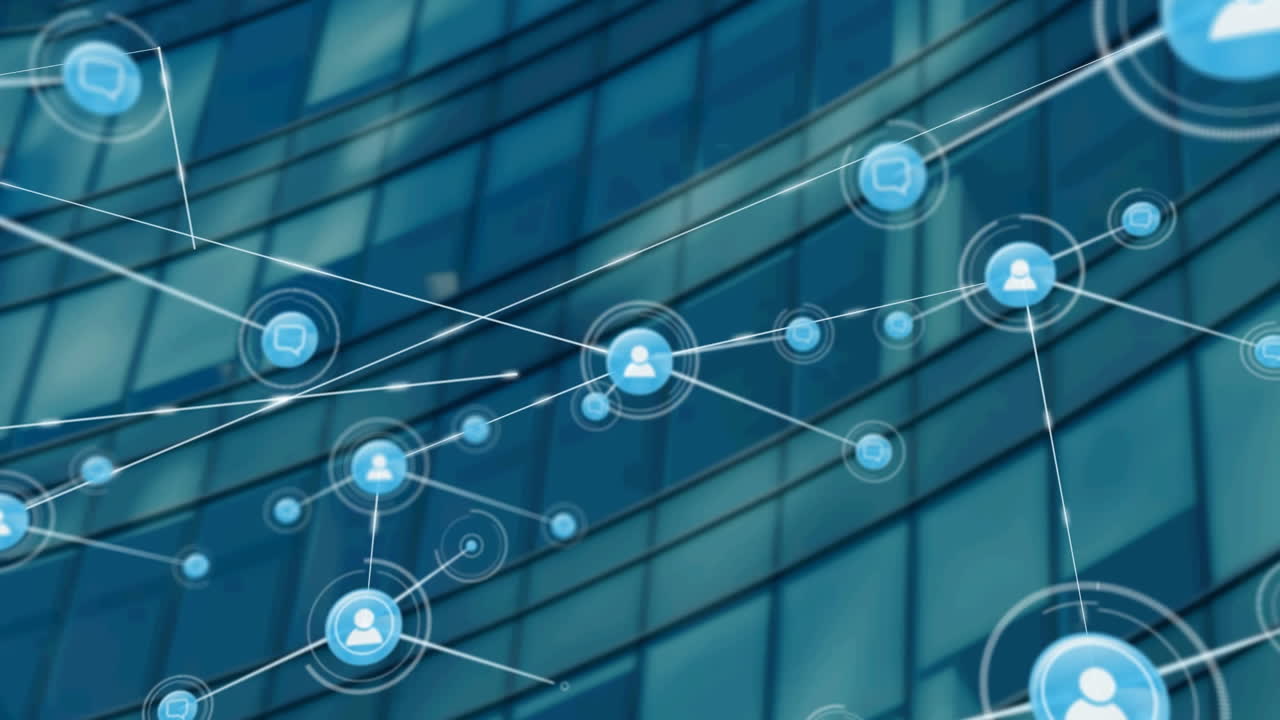 Animation of network of connections with icons over modern office building