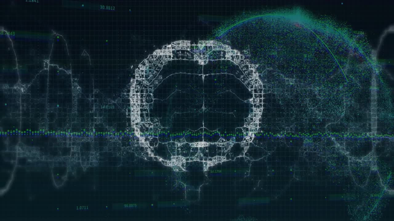Fragmented polygonal brain in 3D render animating over grid with waveform data and numeric clusters