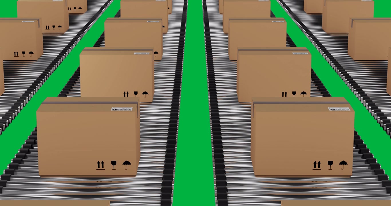 Animation of multiple cardboard boxes moving on conveyor belts