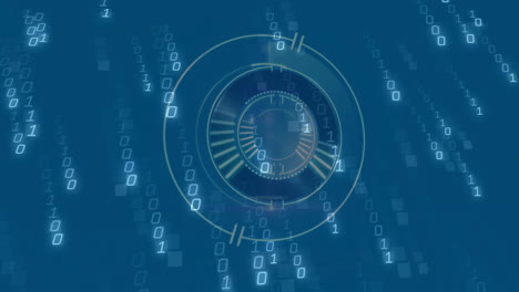 animation of digital binary code with circular interface on blue background