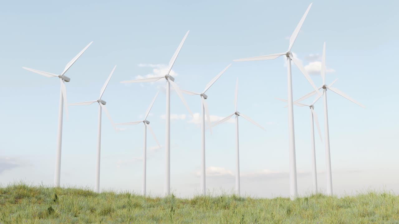 several wind turbines on a green field. 3D animation render
