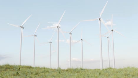 several wind turbines on a green field. 3d animation render