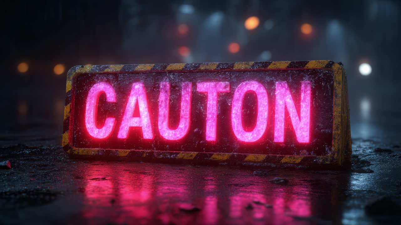 A Striking Visual of a Caution Sign Illuminated in Vivid Pink, Set Against a Rainy Urban Background Creating an Atmospheric Warning in a Night Scene