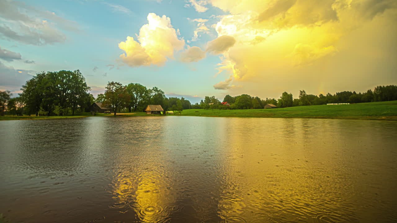 하루종일 거리에 나무로 된 오두막이 있는 초록색 식물로 둘러싸인 시골의 호수를 내려다보는 타임스