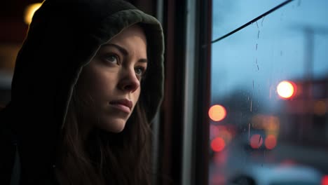 pensive young woman wearing a hooded sweatshirt is looking out the window of a bus at night, observing the blurred city lights during her evening commute