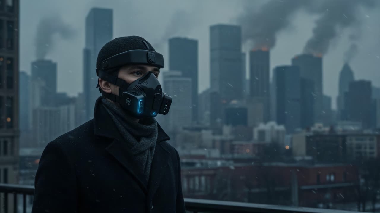 A solitary figure stands against a dystopian skyline shrouded in smog, wearing a protective mask, symbolizing resilience amid an industrial apocalypse