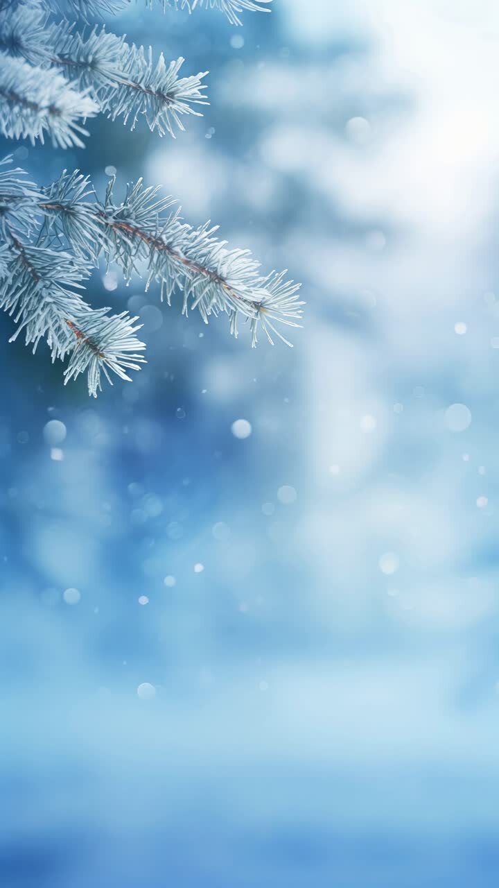 Close-up of frosty pine branches, captured from a side angle, perfect for a winter video