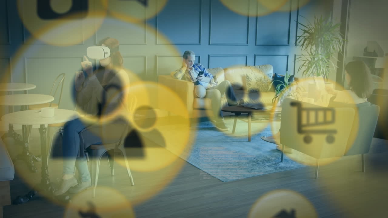 vr 헤드 ⁇ 을 착용 한 여성과 남자가 읽는 노란색 아이콘