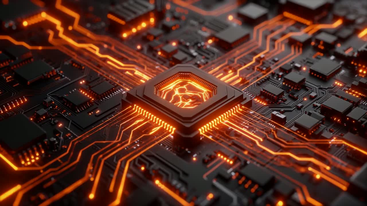 Central Processing Unit with Glowing Orange Circuits on a Motherboard