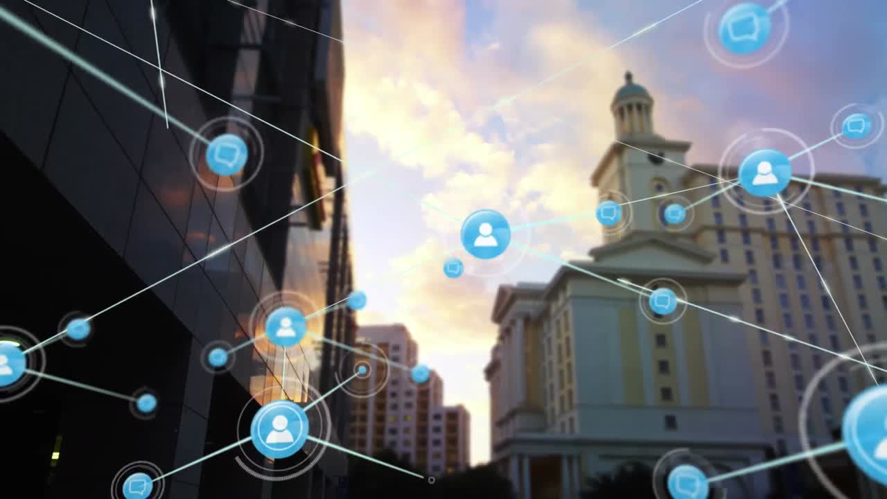 높은 건물의 낮은 각도 뷰에 대한 디지털 아이콘 네트워크의 애니메이션