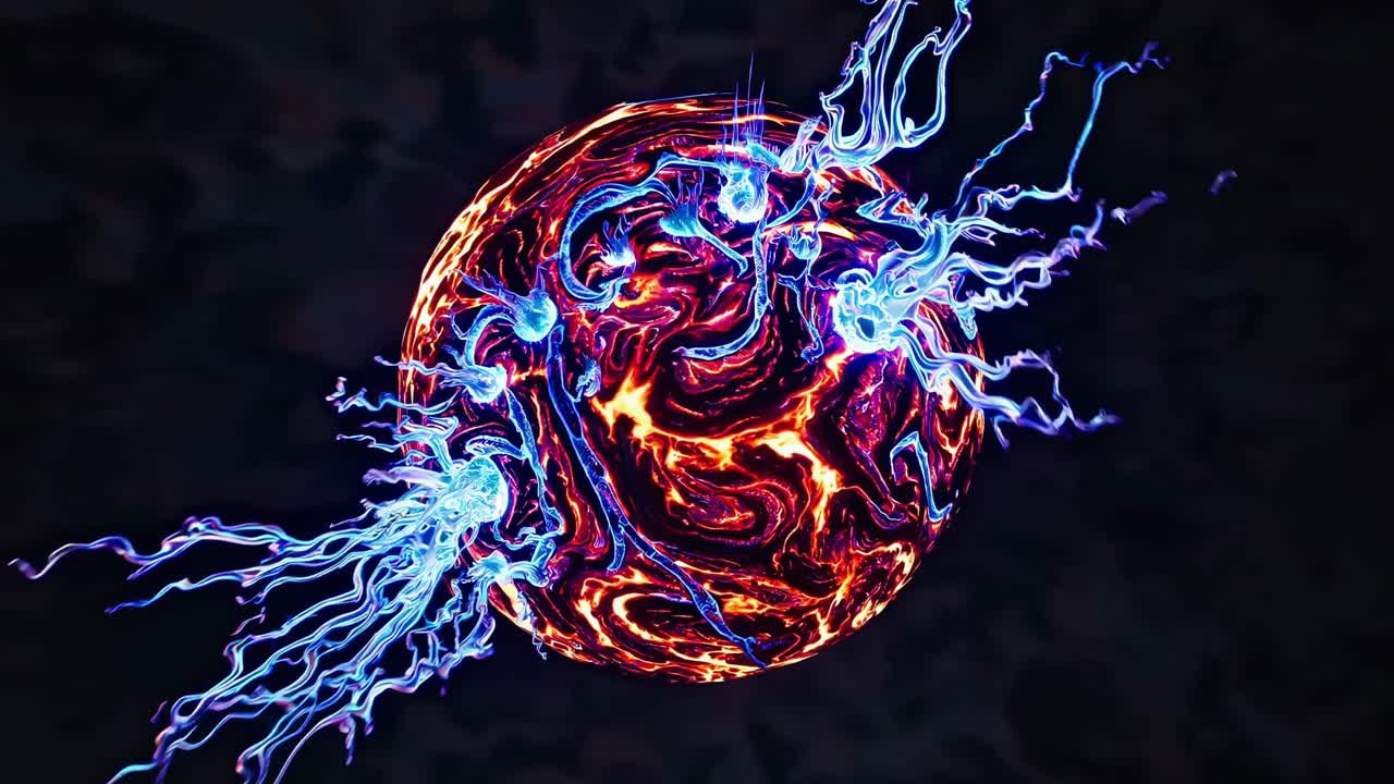Dynamic illustration of a glowing blue energy orb with swirling electric tendrils against a dark background