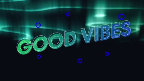 animación de buenas vibraciones texto sobre cielo nocturno nublado y luces del norte