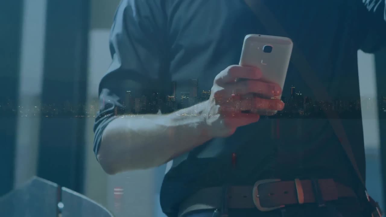 도시 풍경 위에서 스마트폰을 사용하는 사람의 애니메이션