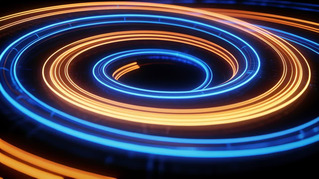 Playback starting, spiral rotating on glossy base, blue orange rings tightening aiding tech design