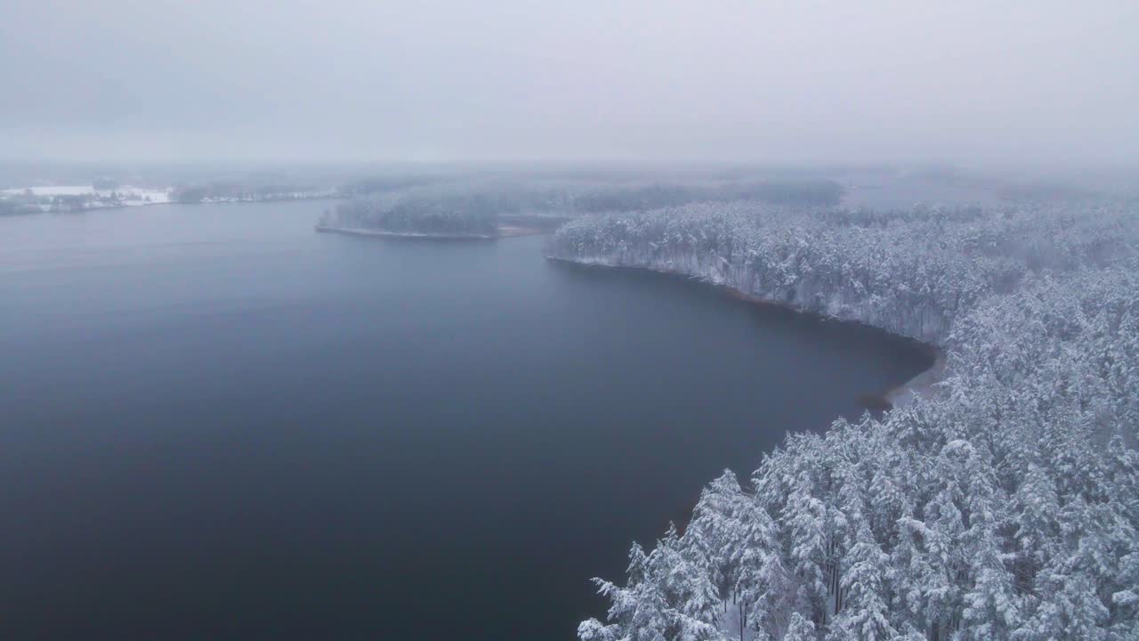 한겨울에 눈 덮인 소나무 숲으로 둘러싸인 서리가 내린 호수의 공중 촬영