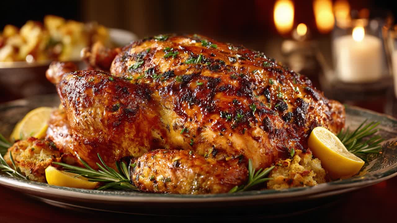 A Deliciously Roasted Turkey Garnished with Fresh Herbs and Lemon, Perfectly Prepared for a Festive Feast, Highlighting the Juicy Texture and Golden Brown Crust