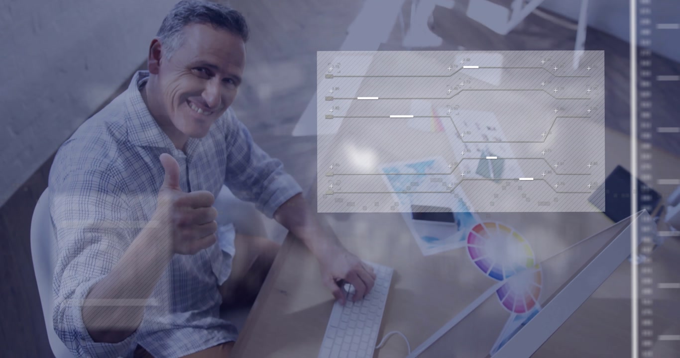 Mature man typing keyboard and initiating data dashboard with world map and chart overlays