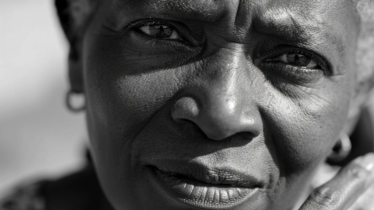 Holding gaze with frames moving woman touching cheek with right hand in scarf smiling in sun