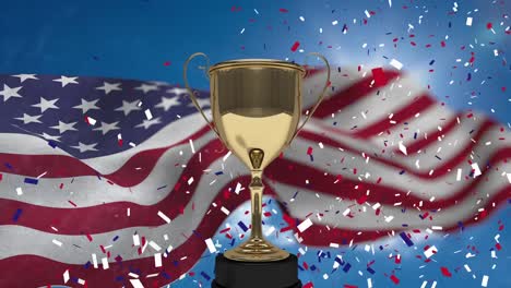 trophy with confetti and american flag