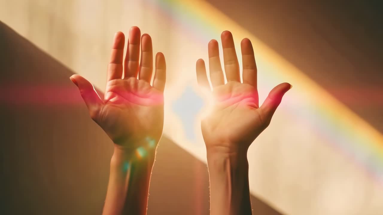 Hands reaching towards sunlight with a rainbow effect, captured from a low angle