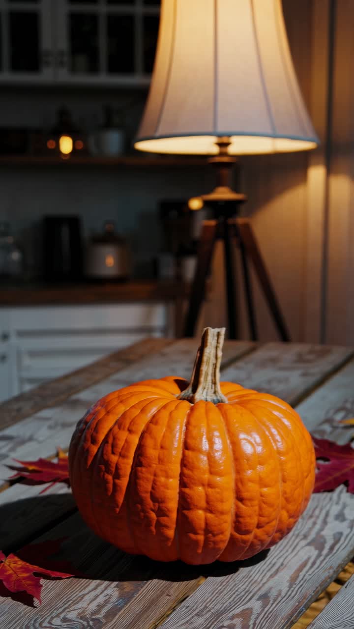 Warm, cozy autumn scene with a pumpkin on a wooden table, shot at eye level