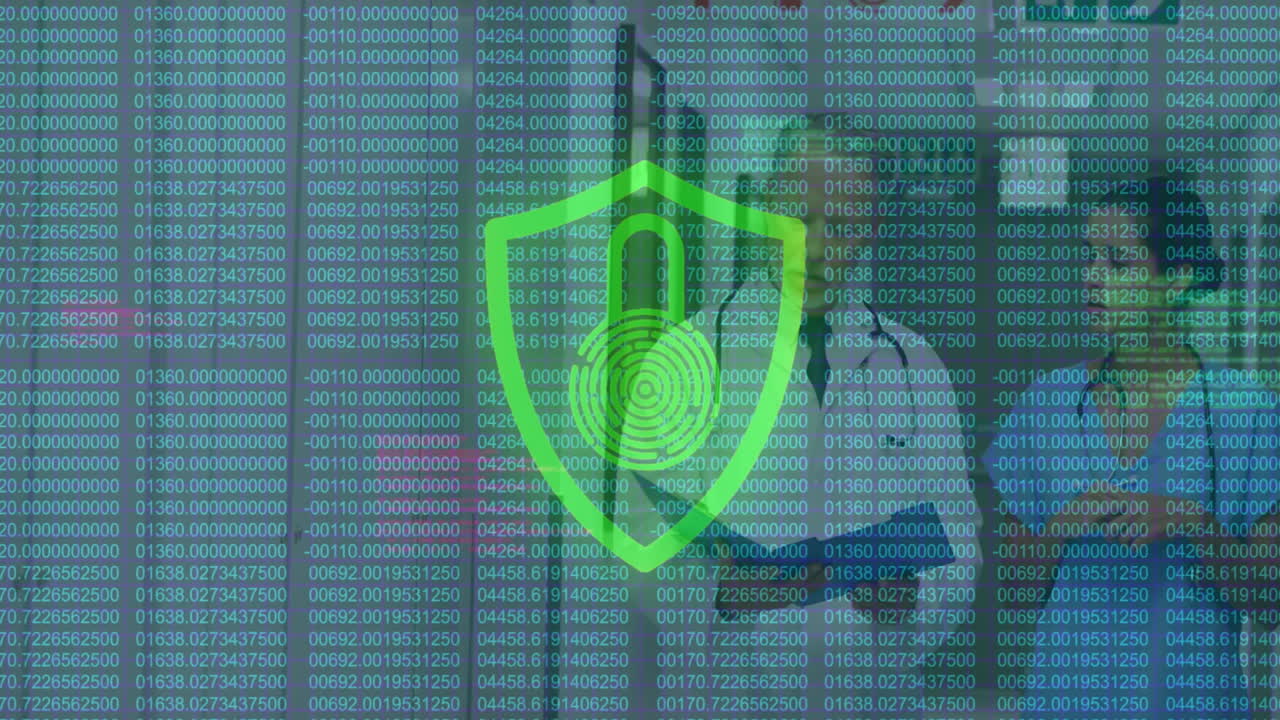 Digital security lock animation over numerical data and fingerprint background