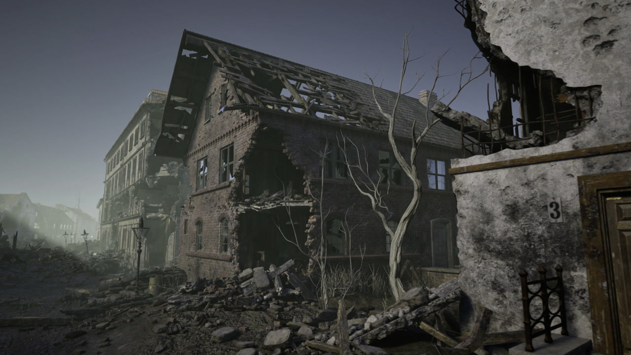 Eerie deserted area displaying destroyed buildings and shattered stones