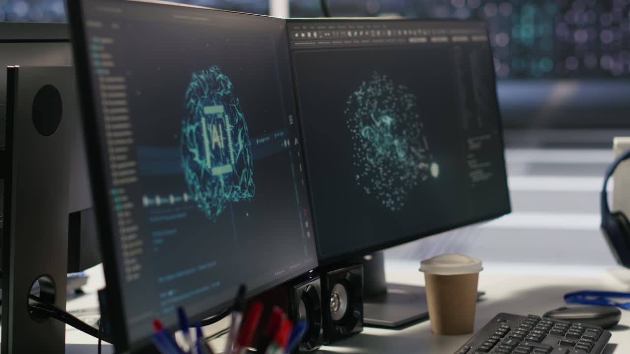 Vertical video Data center PCs showing neural network visualization and code debugging tools