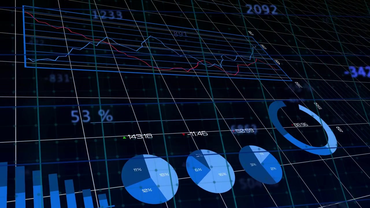 Camera panning across dark grid, tech dashboard animating charts and updating numbers for analytics