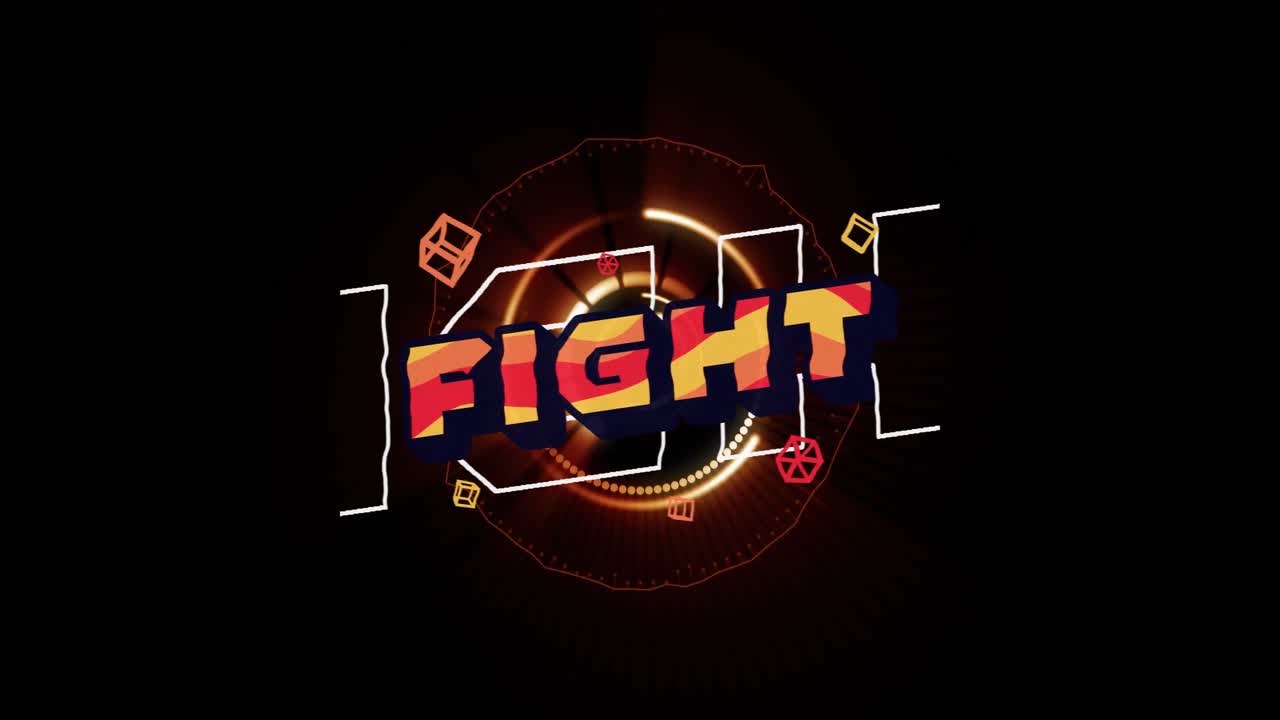 검은 바탕에 회전하는 범위 위에 오렌지색과 빨간색 글자로 싸움 텍스트의 애니메이션