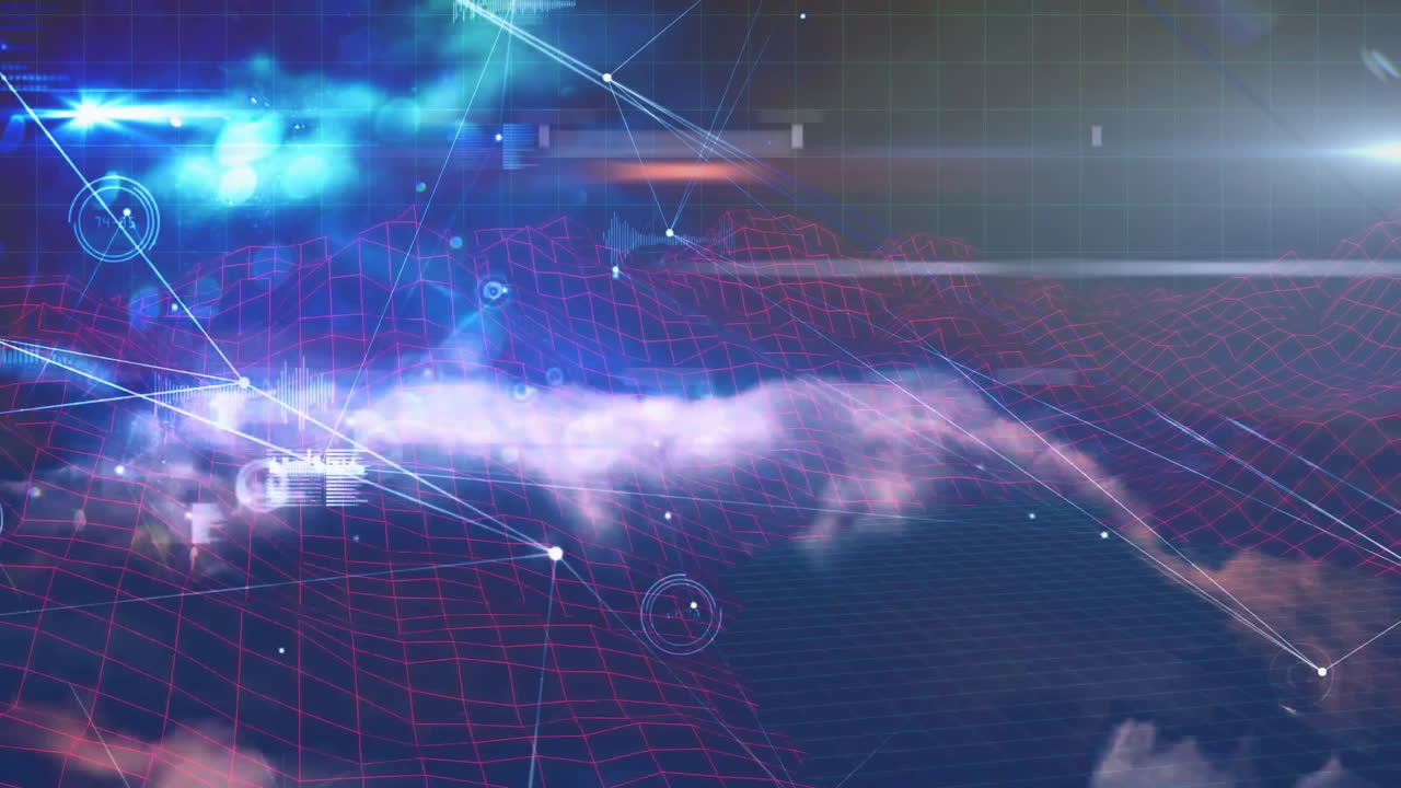 연결의 웹의 애니메이션과 어두운 구름 위의 범위 스캔