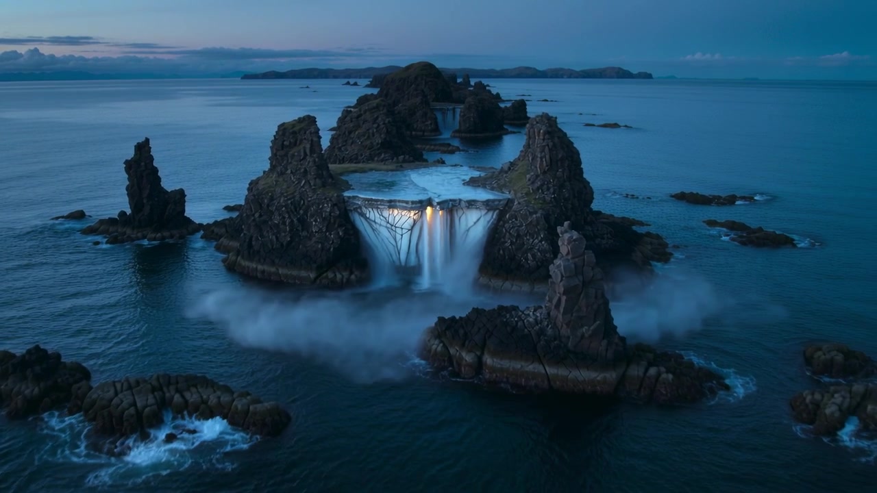Overflowing tidal pool spilling over central rocky islet at dusk, with lantern-lit cascade