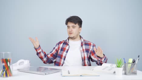 man closing laptop with angry expression.