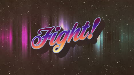 animation of fight text over white particles and purple and green light trails on black background