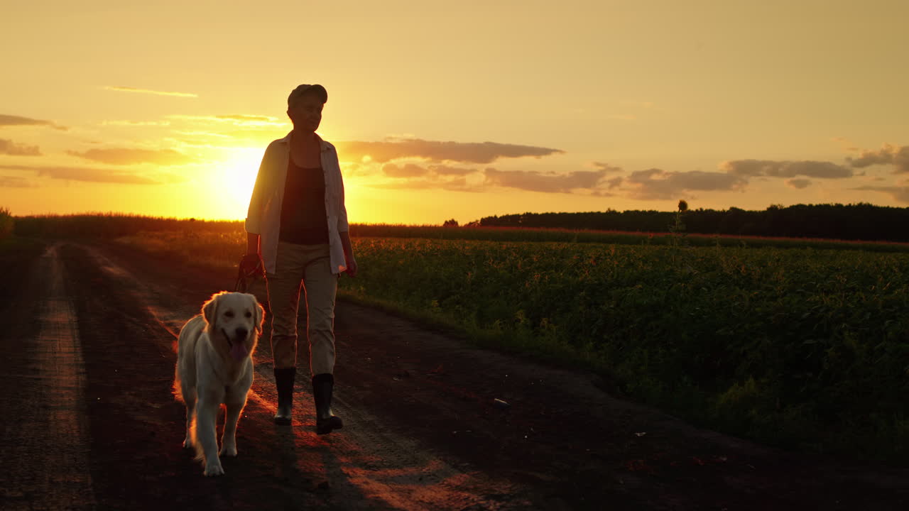 mujer paseando a su perro en un camino de campo al atardecer