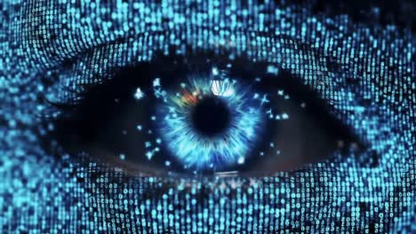 the journey from digital blindness to insight: a visual exploration of the transformation from a closed eye to a piercing gaze illuminated by binary code