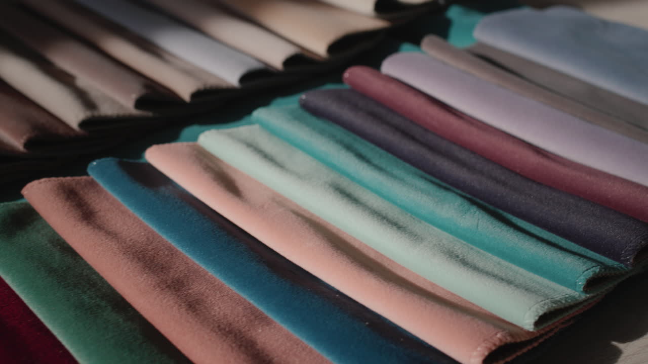 Dolly shot: Set of fabric samples - a palette for choosing a material for furniture, sewing clothes and other