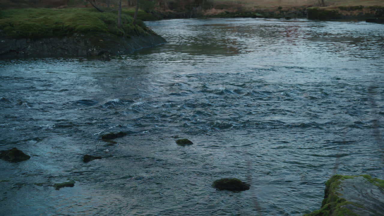 Fiume che scorre calmo giù dalla collina in una fredda giornata invernale