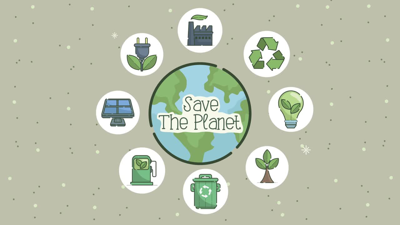 save the planet lettering with earth and icons around