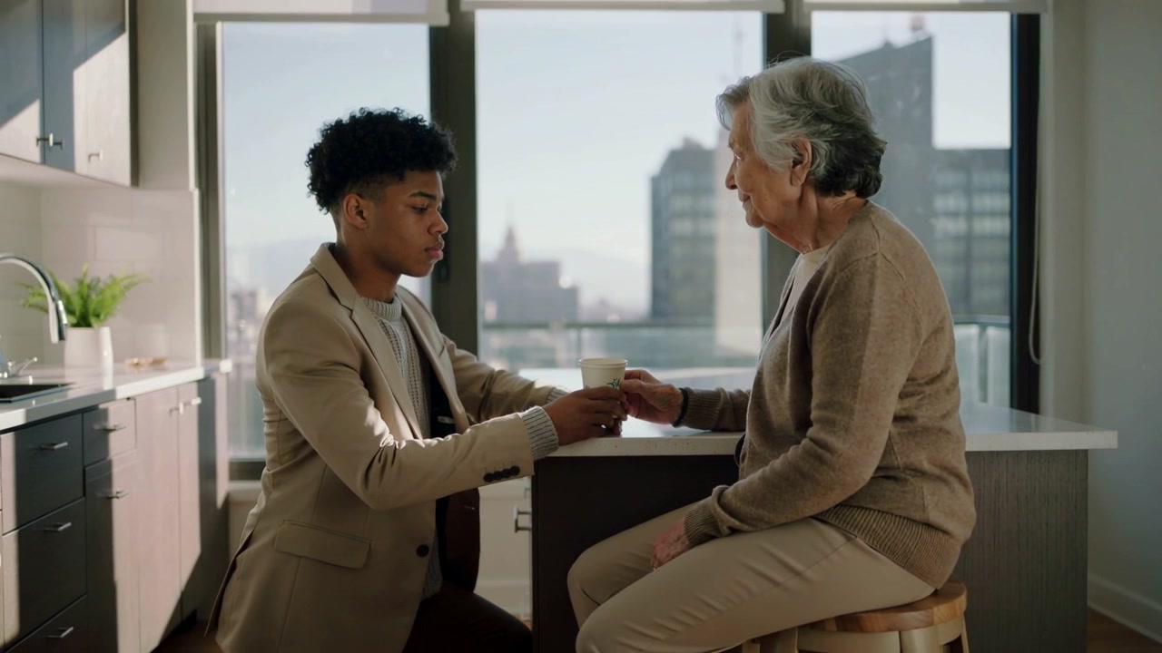 Un uomo più giovane in blazer beige si protende porgendo un bicchiere usa e getta al bancone della cucina, aiutando una donna anziana.