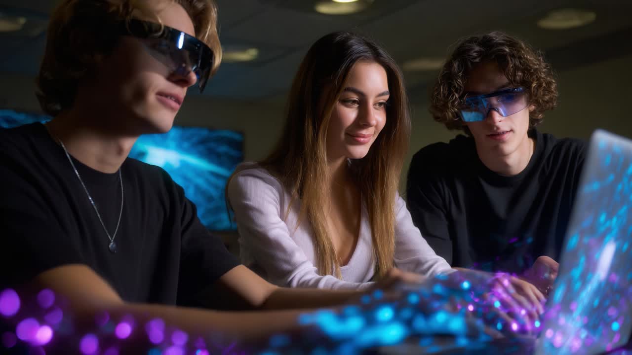 Group of people using augmented reality technology with a laptop