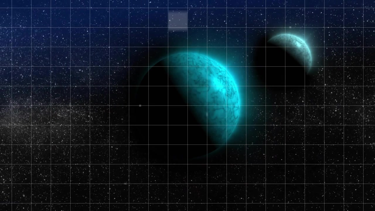 Camera panning, gray pixel squares appearing, shifting and fading around teal planet showing data
