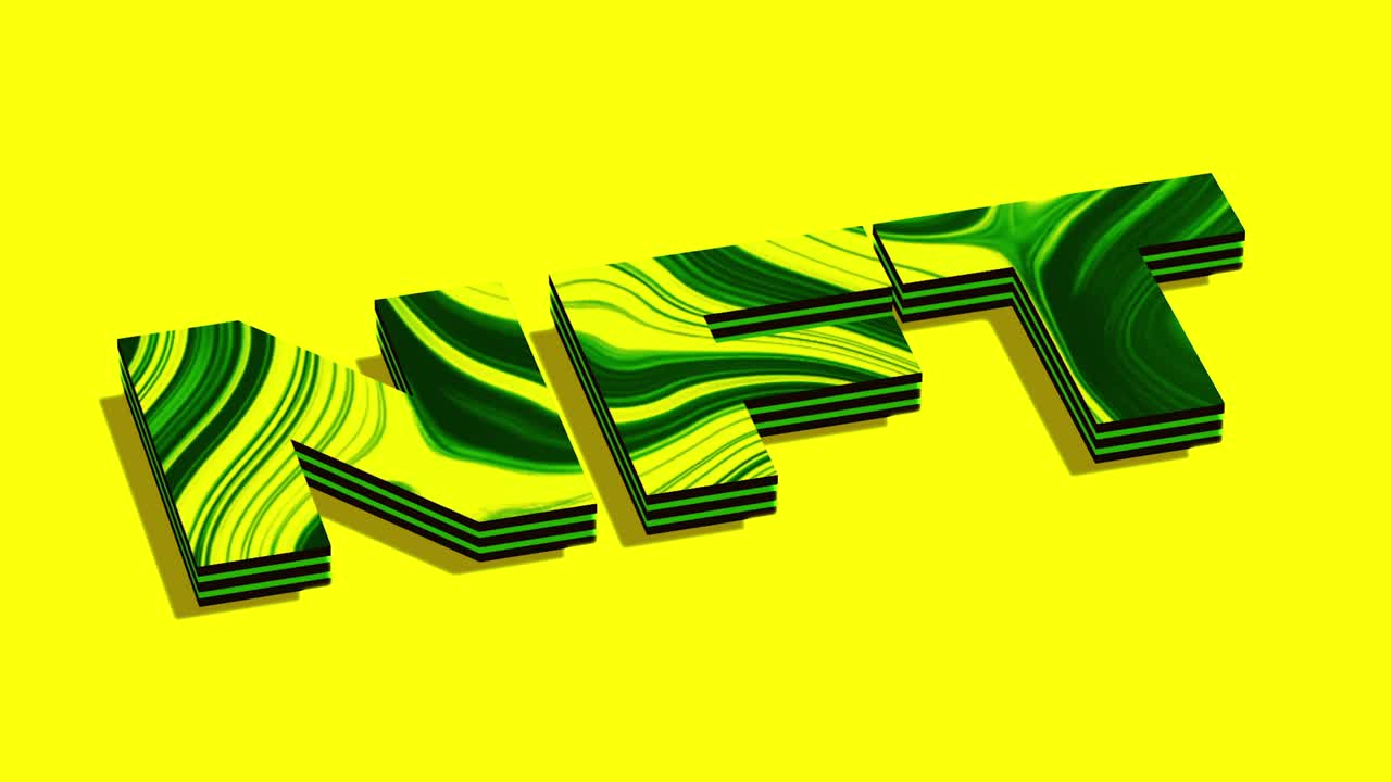 nft - texto 3d con remolinos verdes y amarillos