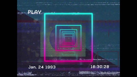 animación de la pantalla con glitch y túnel hecho de cuadrados de neón en movimiento