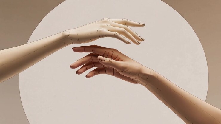 Des mains factices et hâlées glissant sur un disque, joignant les doigts, montrant les articulations et le vernis, pour le soutien.