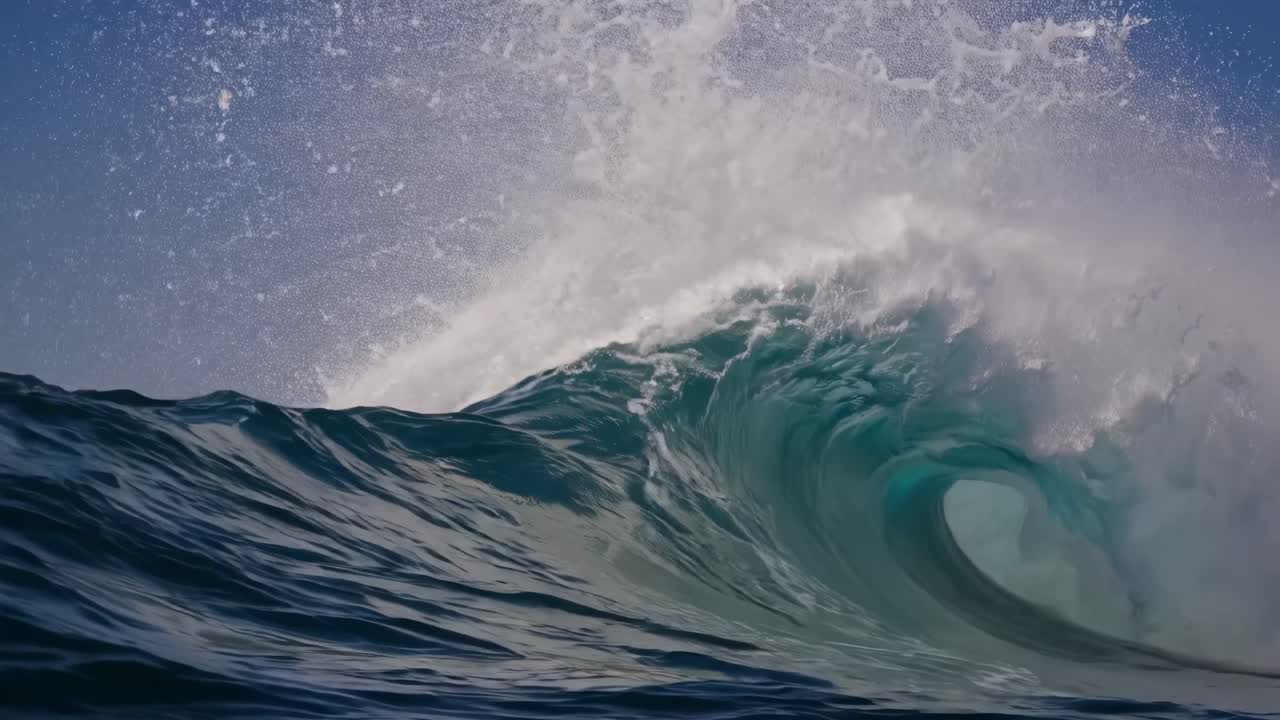 Dynamic low-angle shot of a crashing ocean wave against a clear blue sky, capturing the raw power