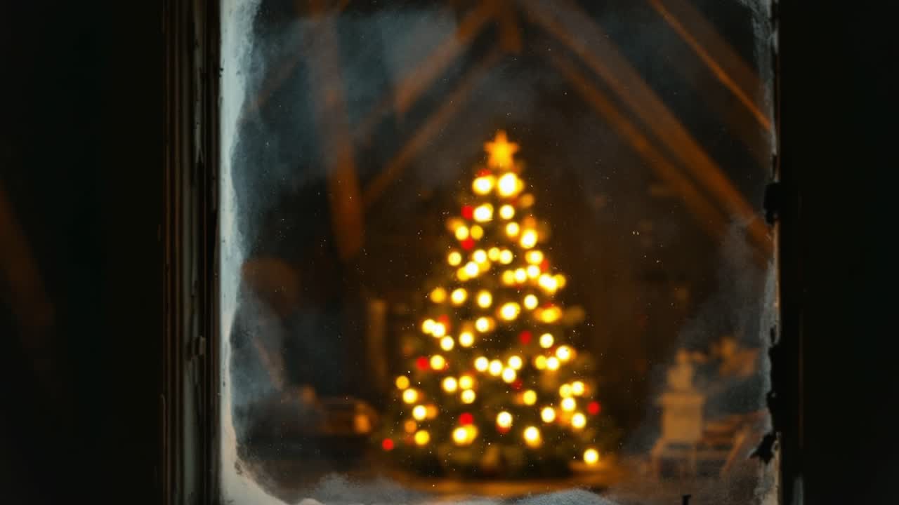 Festive Christmas Tree Through a Frosted Window