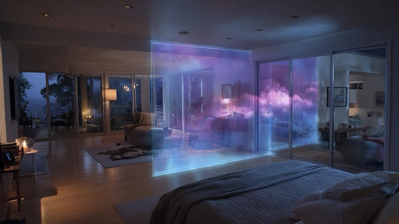 Camera da letto moderna con display olografico di notte