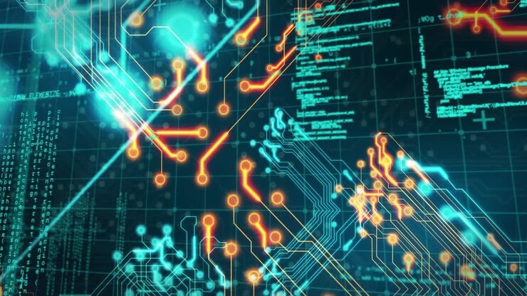 Animation of computer circuit board and data processing on black background